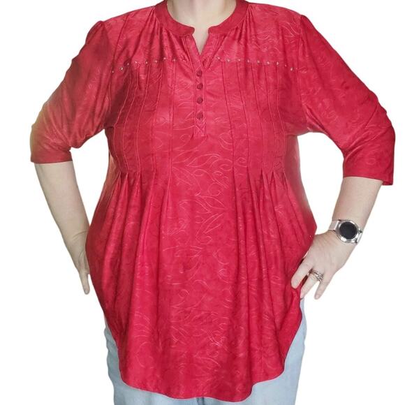 Shannon Ford New York Size 2X Popover Red Textured Top Holiday Office 3/4 Sleeve - Picture 1 of 7
